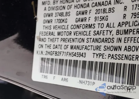 2015 Honda Civic Se z USA, uszkodzony, nr VIN 2HGFB2F71FH545943